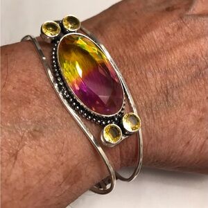 Bi Tourmaline Stamped 925 Sterling Silver Cuff Bracelet